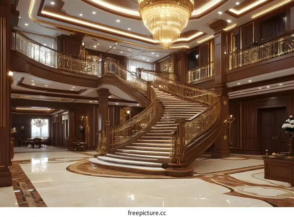 Luxury Home Interior Design With Curved Staircase And Chandelier