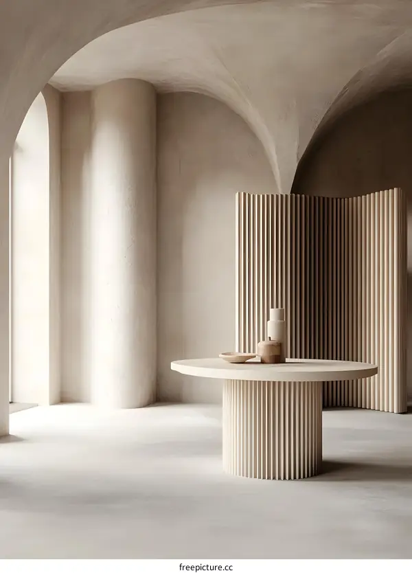 Minimalist Interior Design with Arched Ceilings and Wooden Table
