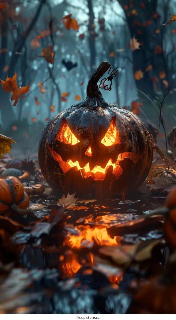 Spooky Halloween Pumpkins Glowing in Darkness