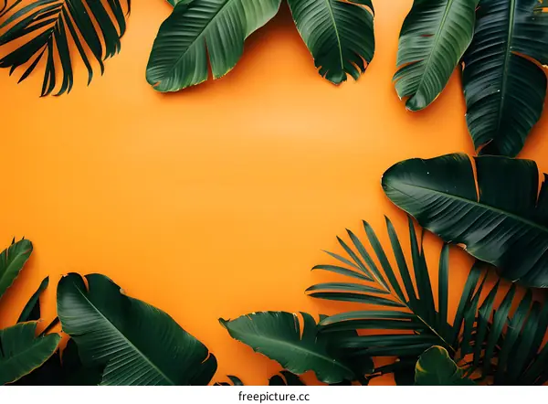 Tropical Green Leaves on Orange Background