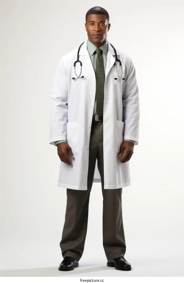 Studio portrait of a male doctor wearing a lab coat and stethoscope