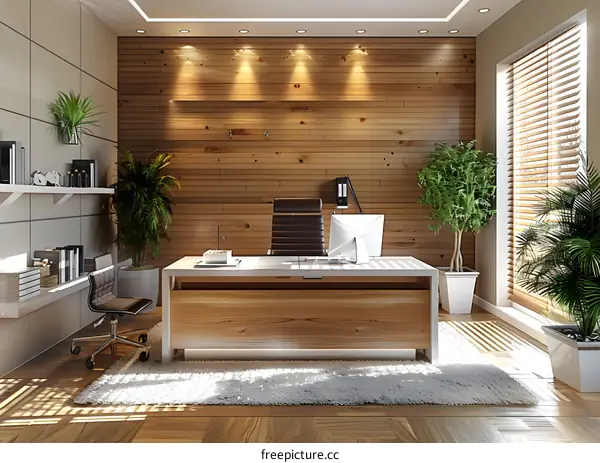 Office interior design with wooden wall and large windows