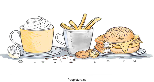 [Transparent Background PNG]Coffee Latte With Whipped Cream French Fries And Hamburger Illustration