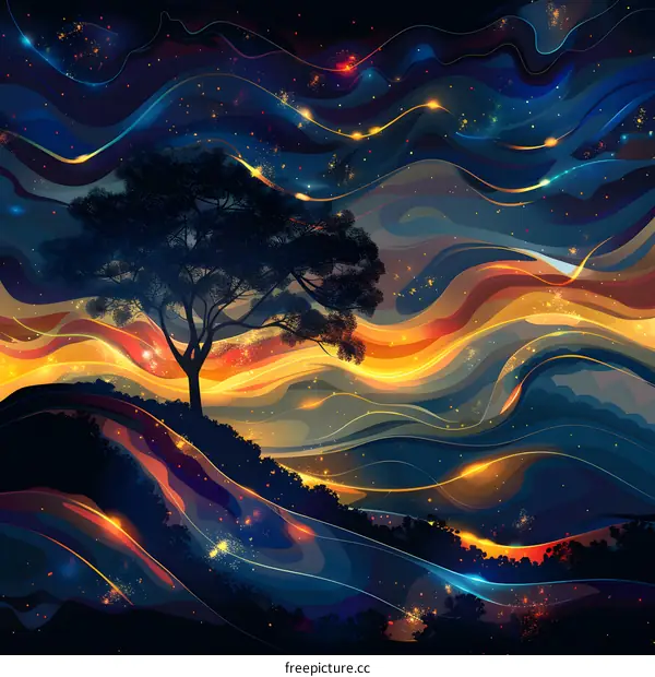 A lonely tree stands on a hill under a colorful night sky