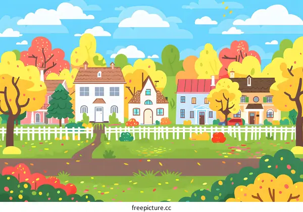Colorful Autumn Houses Landscape Illustration
