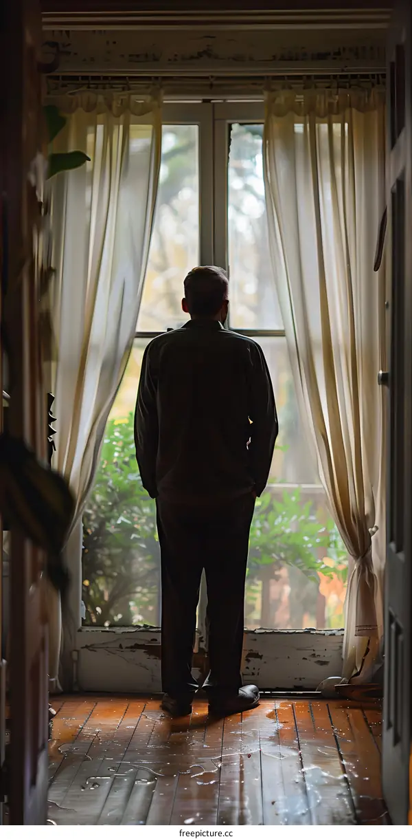 A soltary man standing in front of the window