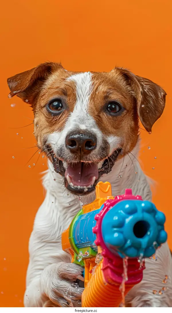 A wet dog is holding a water gun and spraying water