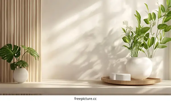 Minimalist Wooden Shelf with Green Plants and White Vases