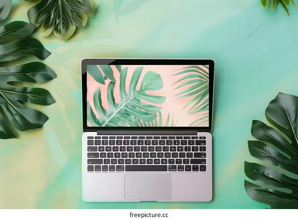 Laptop with Tropical Leaves Background