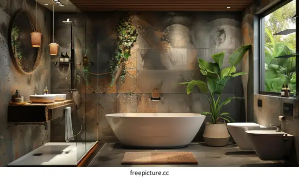 Modern Rustic Bathroom Design with Lush Plants