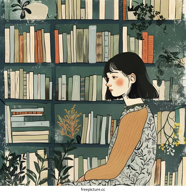 Girl Sitting in a Bookcase Illustration