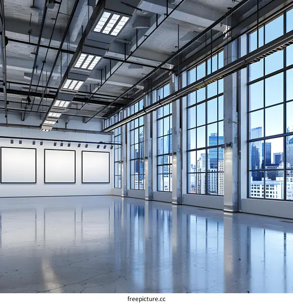 Empty Loft Space with Large Windows and City View