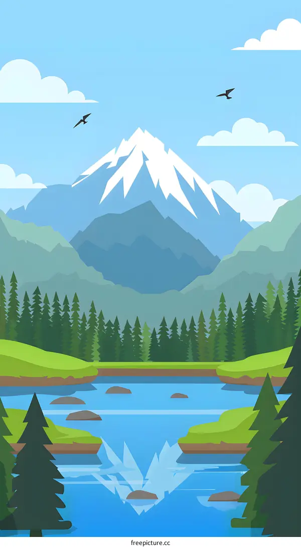 Mountain Landscape Illustration With River and Forest