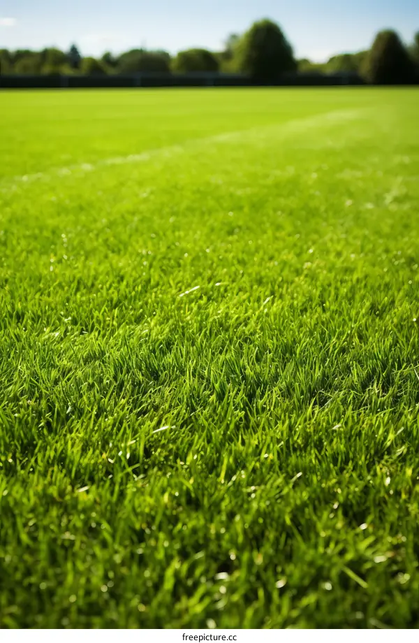 Close-up of green grass field with blurred trees in the background