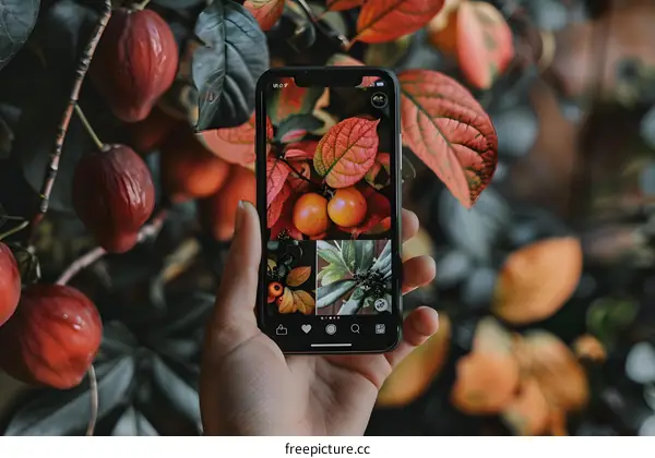 Hand Holding Smartphone Taking Photo of Fall Foliage