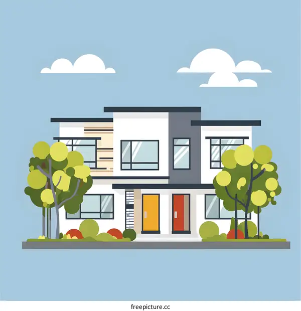 Modern House with Two Doors in Flat Style Illustration