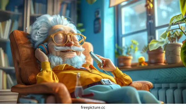 Elderly man relaxing and listening to music in a comfortable chair