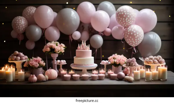 A beautifully decorated table with a cake, flowers, and candles.