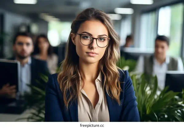 portrait of a young businesswoman standing in an office with a serious facial expression