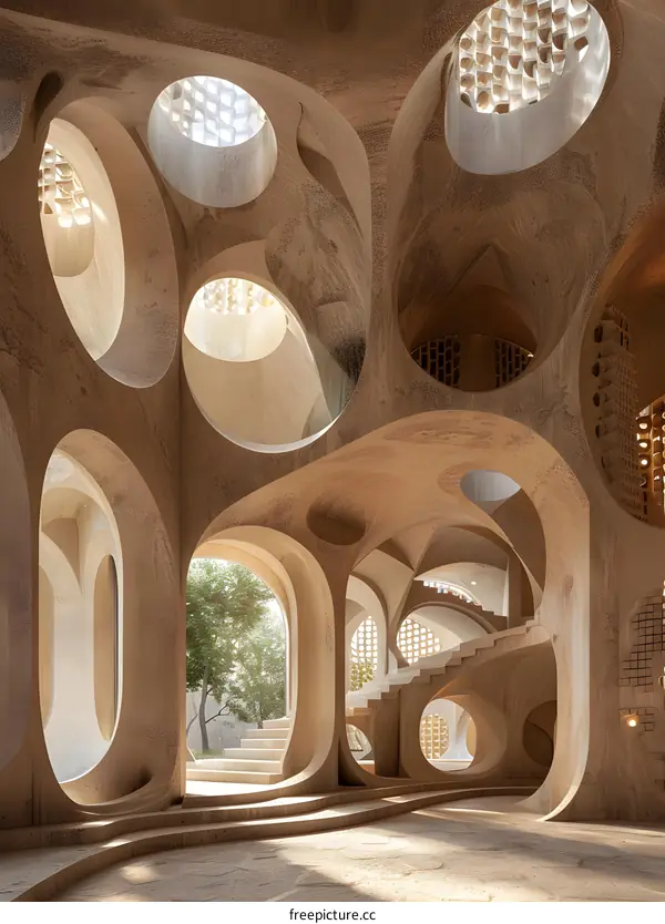 Futuristic building interior with parametric curved walls and openings