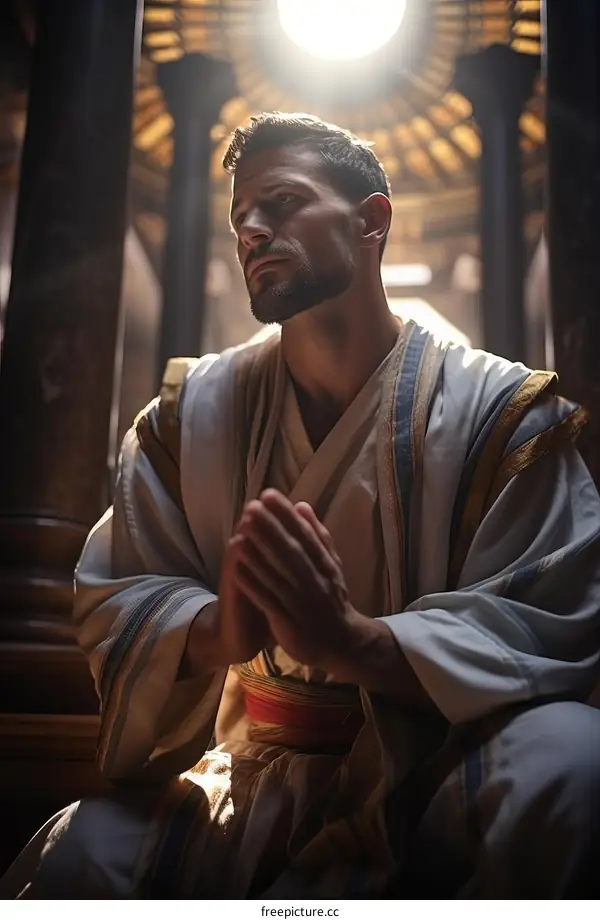 Man in white robe praying with hands together