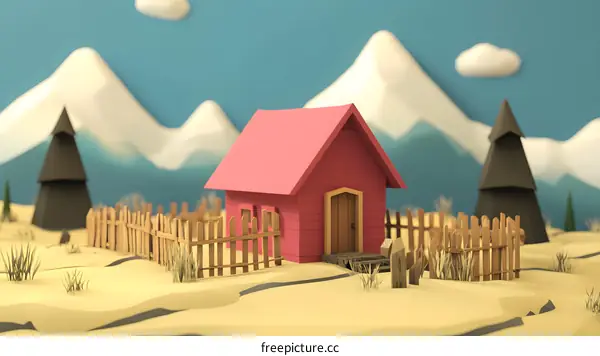 Low Poly Style House with Wooden Fence and Mountains in the Background