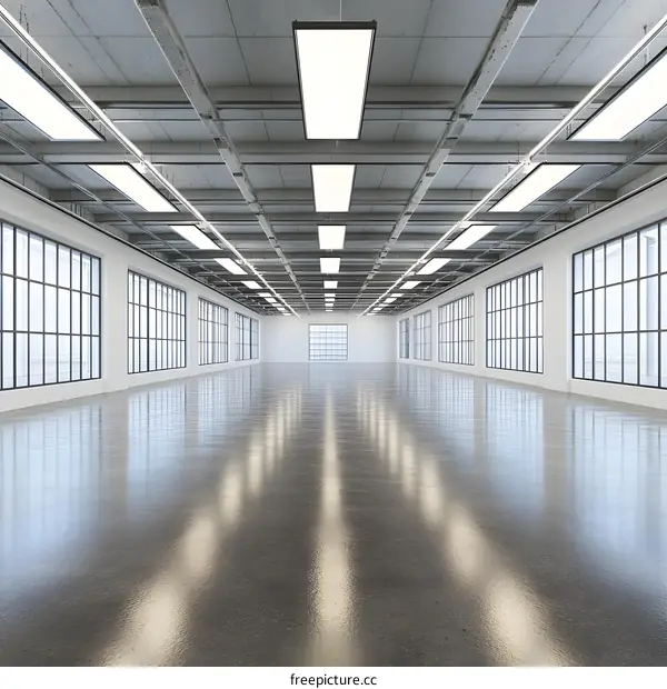 Modern Industrial Warehouse with Large Windows and Concrete Floor