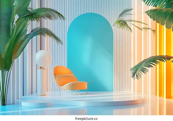 Minimalist Room Interior Design with Blue Wall and Palm Trees