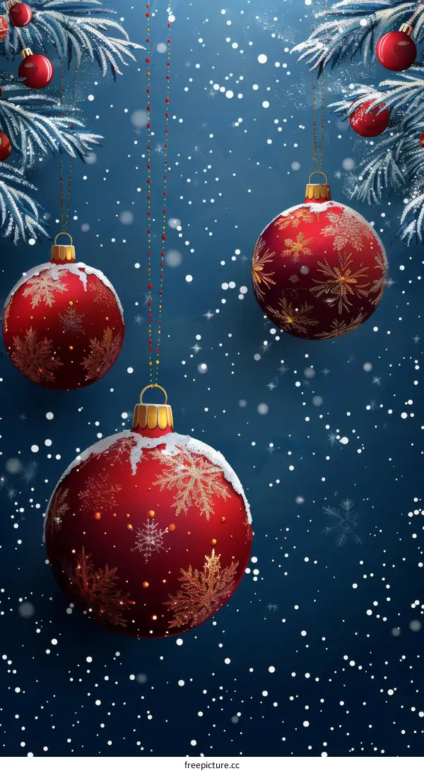 Christmas Ornaments Hanging from a Snowy Tree Branch