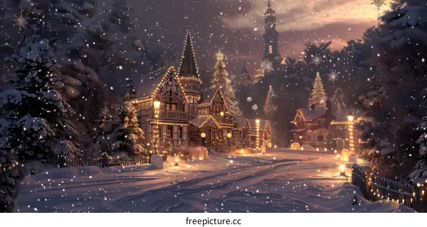 Snowy Christmas Street with Illuminated Buildings and Decorated Storefronts