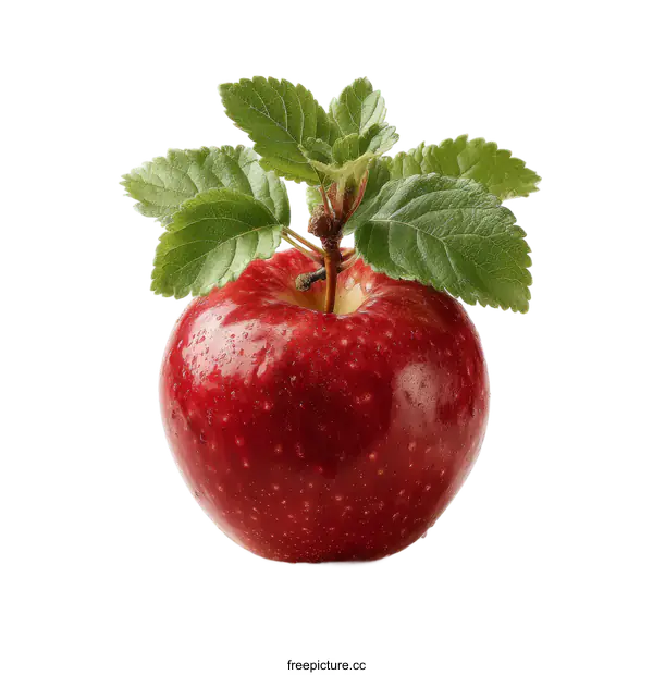 [Transparent Background PNG]Fresh Red Apple with Leaves Close-up