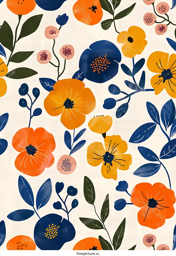 Floral Seamless Pattern With Yellow and Orange Flowers on White Background