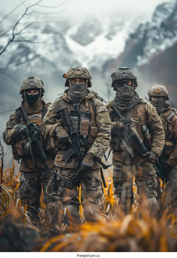 Four soldiers in the woods with their faces covered and guns in hand
