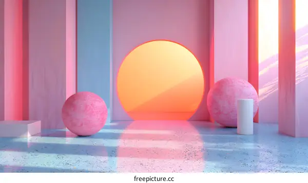 Abstract Minimalist Background with Pink and Blue Cylinders and Spheres