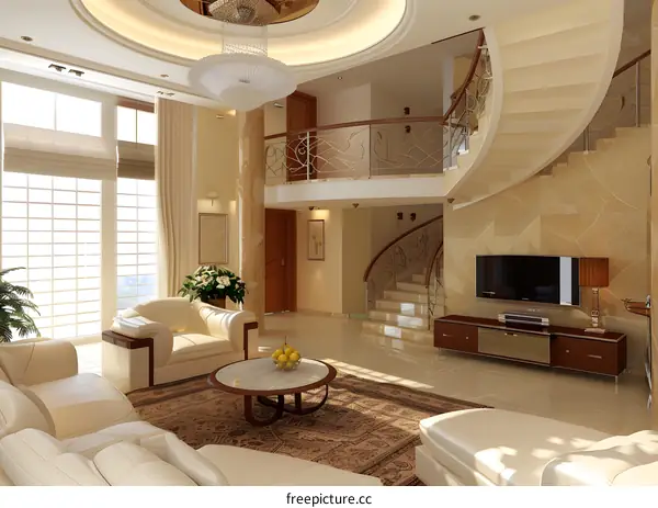 Modern Luxury Living Room Interior Design with Elegant Staircase and Chandelier