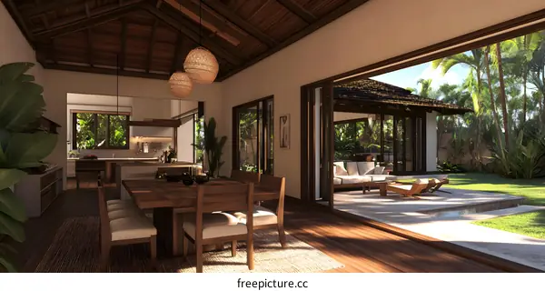 Modern Tropical Villa Interior Design With Wooden Dining Table And Chairs