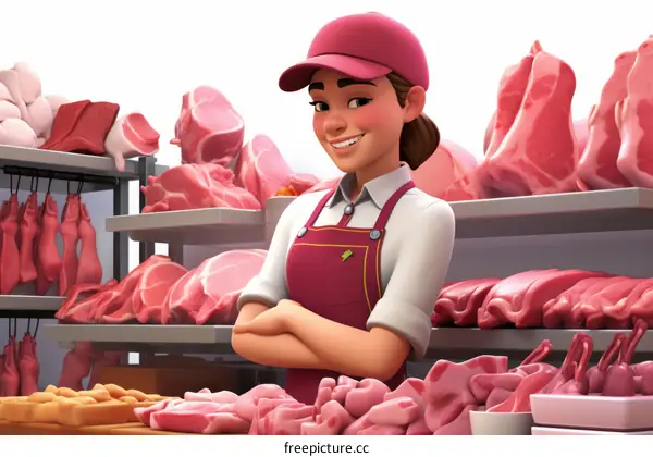 Cheerful butcher girl standing with arms crossed in front of meat display