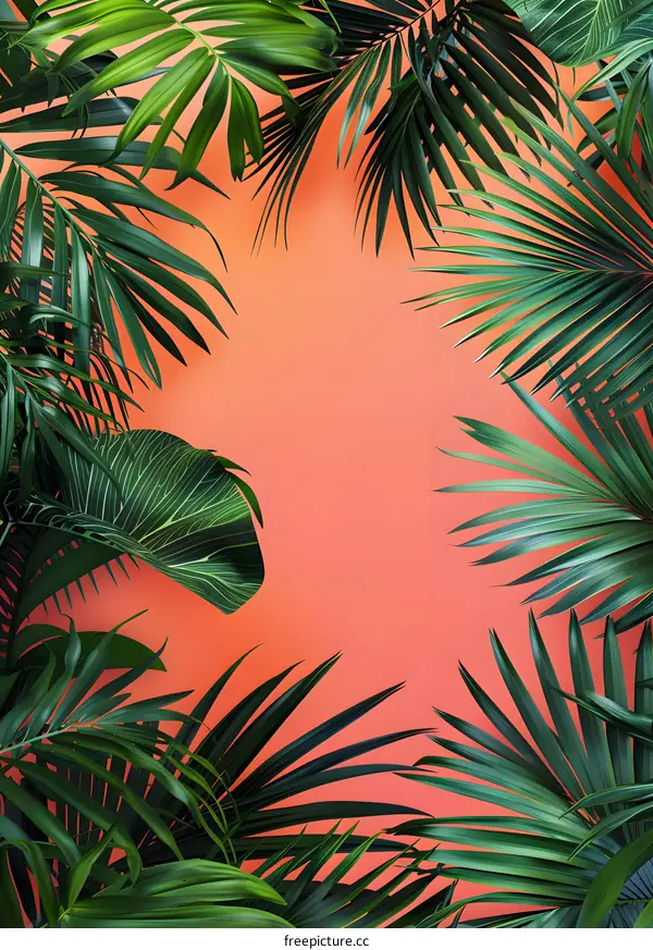 Tropical Green Leaves on Coral Background