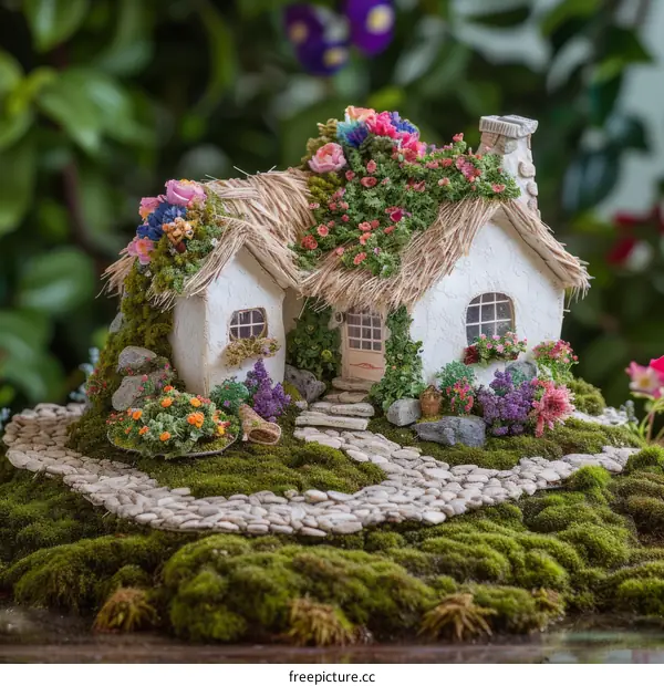 Thatched roof cottage surrounded by a lush garden