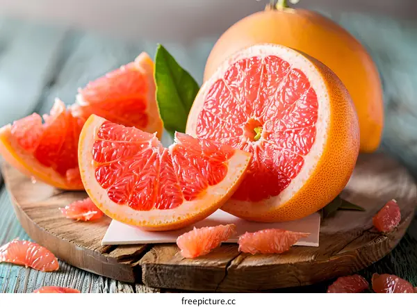 Fresh Juicy Grapefruit Slices on Wooden Cutting Board
