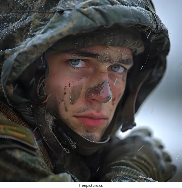 Portrait of a young soldier with blue eyes and a dirty face wearing a military uniform and a helmet in the rain