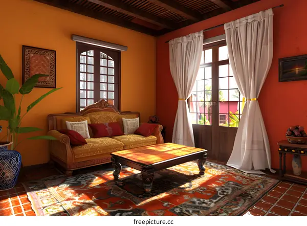 Living Room Interior Design With Orange Walls and Wooden Beams