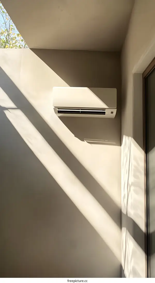 White Air Conditioner Mounted on Wall with Sunlight