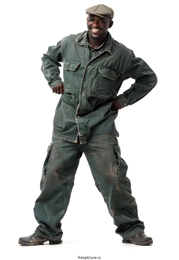 Studio portrait of a smiling African man wearing a green jumpsuit