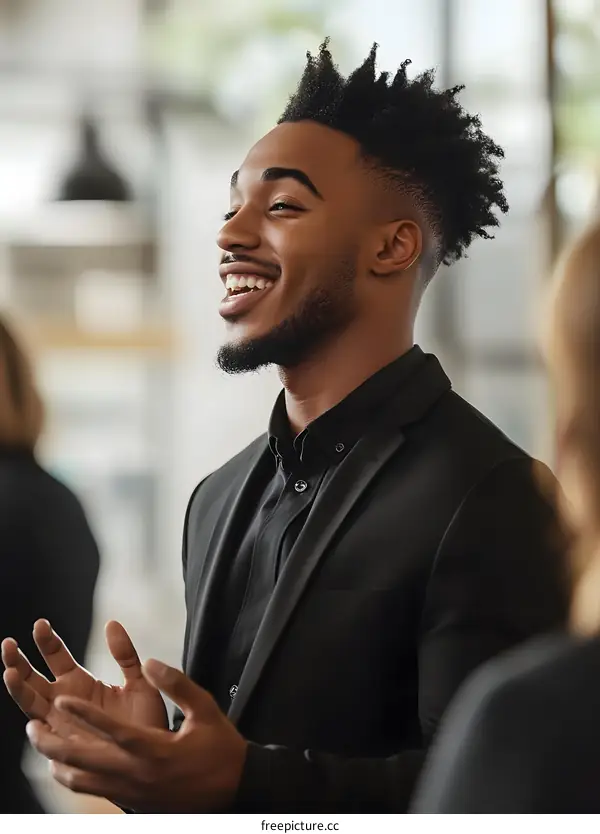 Smiling Black Man in a Suit Gesturing with Hands