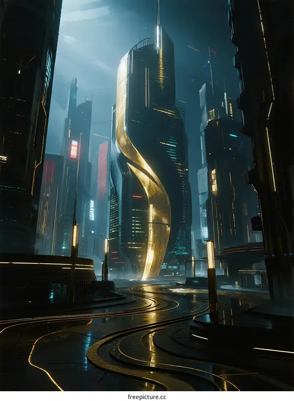 Futuristic Urban Cityscape with Tall Buildings and Glowing Lights