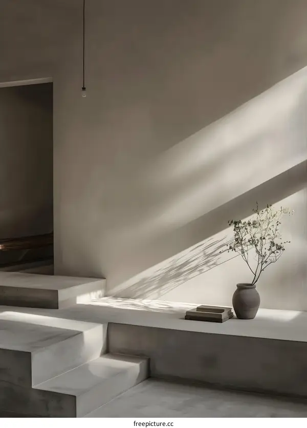 Minimalist Interior Design with Concrete Steps and Sunlight