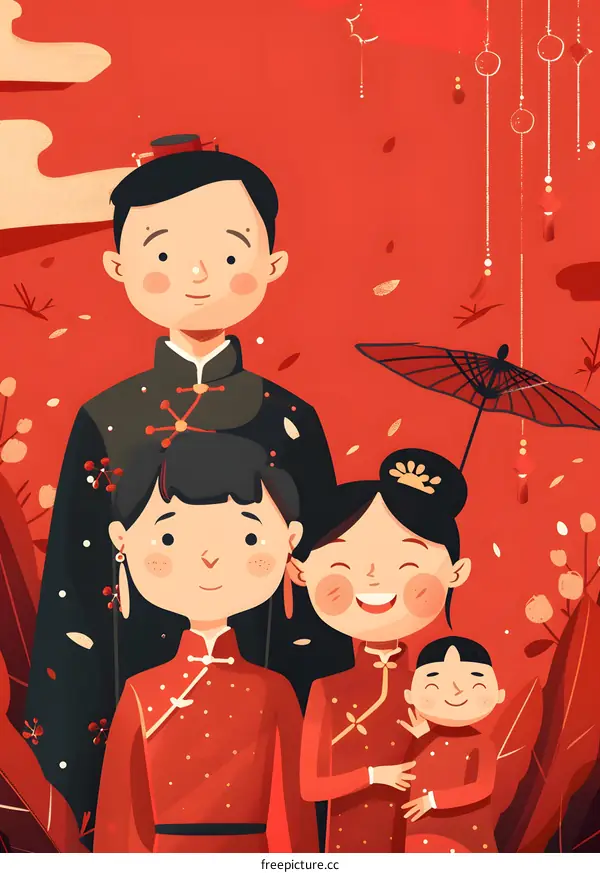 Happy Family Celebrating Chinese New Year in Traditional Clothing