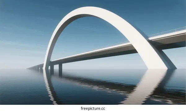 A Large White Arch Bridge Spanning Calm Water Under Blue Sky