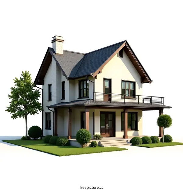 White Two Story Suburban House With Green Lawn